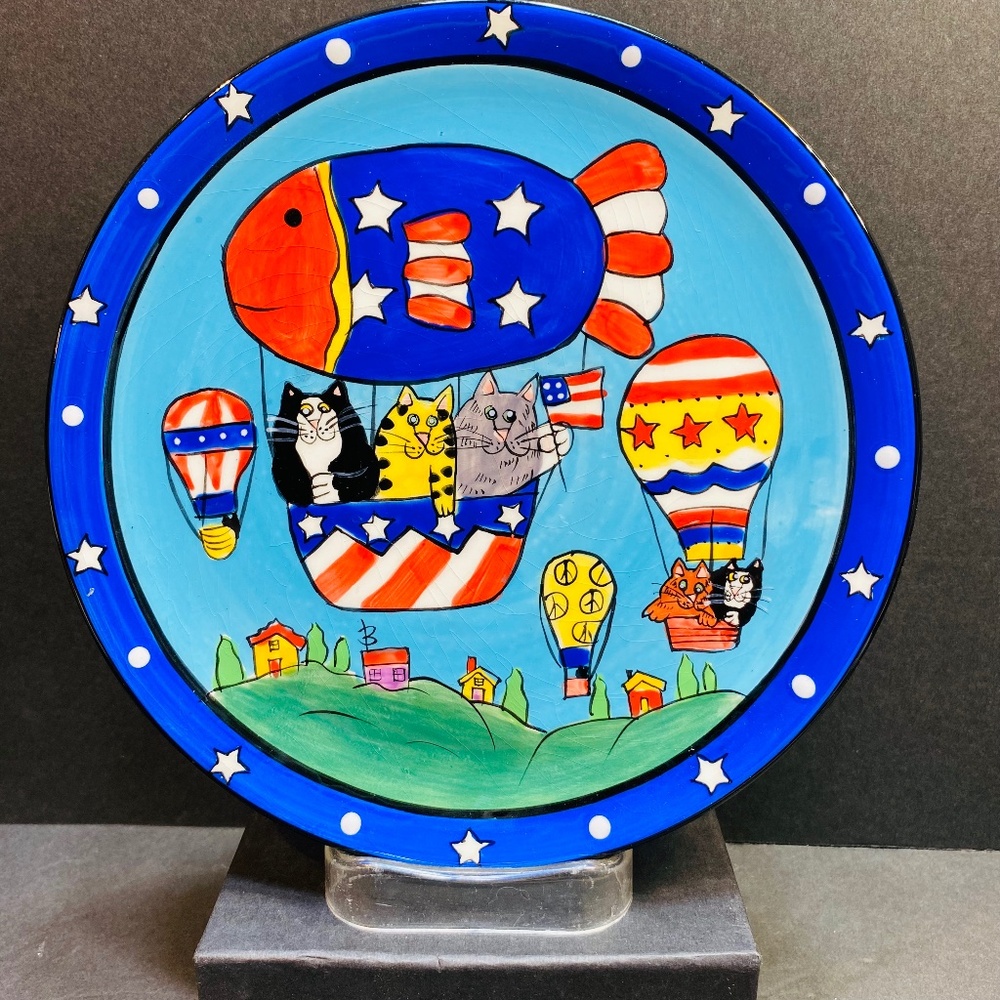 Catzilla Americana patriotic 8" Decorative Plate Candace Reiter Design 2003 Cats